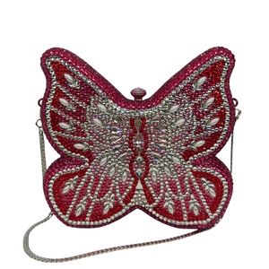 Exquisite butterfly-shaped evening clutch bag with full pink and silver crystal rhinestones