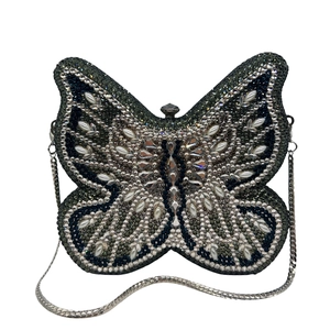 Elegant butterfly evening clutch bag with sparkling rhinestones and white pearls