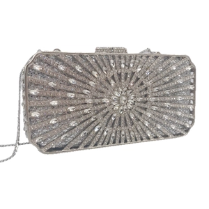 Silver hollow rectangle dinner clutch bag with rhinestone sunburst pattern and chain