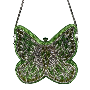 Detailed view of the butterfly clutch bag with green and silver crystals and chain strap