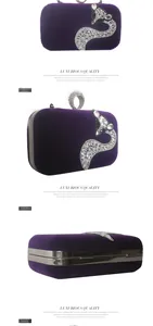 Detailed views of purple velvet evening clutch with sparkling rhinestone peacock motif