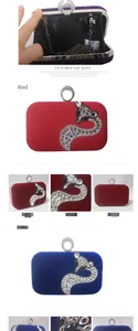 Detail view of velvet evening clutch bag featuring a luxurious crystal fox ornament and ring clasp
