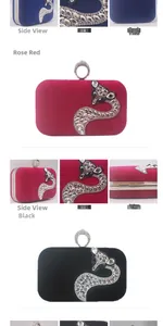 Detailed views of velvet evening clutch bags with sparkling fox rhinestone decorations