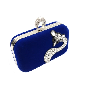 Blue velvet box clutch evening bag with silver fox rhinestone crystal ring clasp