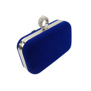Elegant royal blue velvet evening clutch bag with sparkling rhinestone ring clasp and silver frame