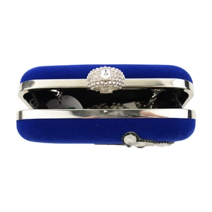 Royal blue velvet evening clutch with sparkling diamond fox ring clasp and silver chain