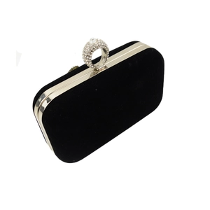 Detail of black velvet evening clutch bag featuring a crystal-encrusted ring clasp