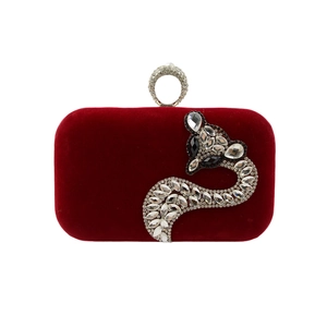 Women Velvet Evening Clutch Bag Rhinestone Fox Design Ring Clasp Handbag For Party Prom Formal Wedding Elegant