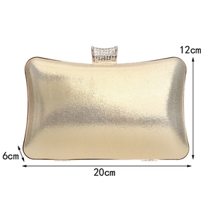 Detailed view of champagne gold evening clutch bag with crystal clasp and size dimensions