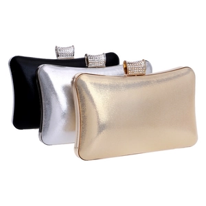 Elegant leather evening clutch bag with rhinestone buckle in gold, silver and black