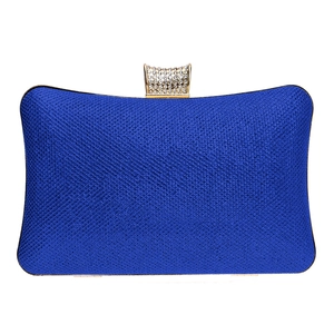 Elegant royal blue evening clutch bag with grid texture and sparkling rhinestone buckle