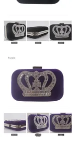 Detail of evening clutch bag with crystal crown embellishment in purple and black