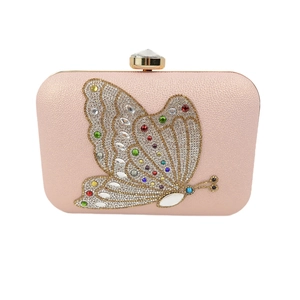 Pink evening clutch bag with colorful crystal butterfly and golden rhinestone clasp