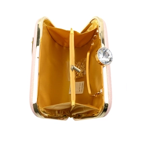 Pink leather evening clutch with crystal clasp and gold chain for women