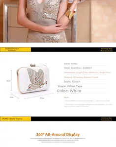 Detailed view of white crystal butterfly clutch bag dimensions and PU leather material