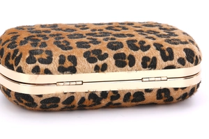 Leopard print faux fur evening clutch bag with gold metal frame for elegant parties
