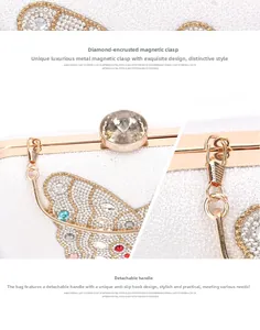 Detail of crystal butterfly clutch with magnetic closure and detachable chain strap