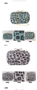 Macro shot of leopard print evening bag with sparkling rhinestone bow clasp and chain