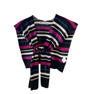 Striped knit shawl shoulder wrap with tie front design in multicolor striped pattern