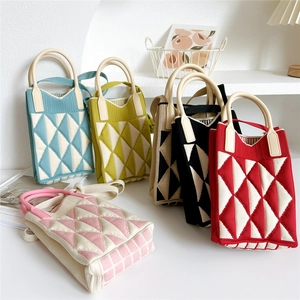 Mini knit crossbody tote bag with diamond pattern and soft silicone handle in various colors