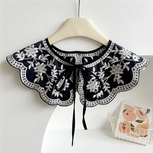 Elegant black embroidered lace fake collar with white floral patterns and tie-up ribbon
