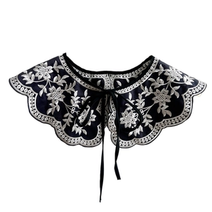 Black lace detachable doll collar with white floral embroidery and ribbon tie