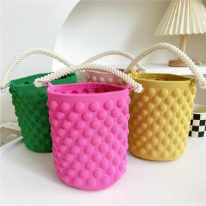 Knit Bucket Handbag With Artificial Pearl Handle Popcorn Texture Crochet Tote Purse For Women Casual Fashion Soft Versatile