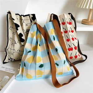 Knitted Shoulder Bag Pleated Accordion Handbag Fashion Printed Tote For Women Korean Ins Style Shopping Purse