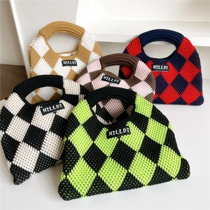 Knitted checkerboard tote bags in five vibrant patterns with woven brand label detail