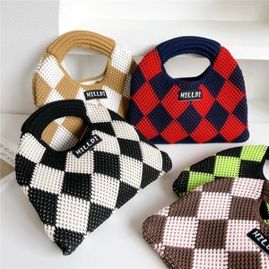 Knitted checkered tote bags in multiple colors with HILLDI brand label and woven texture