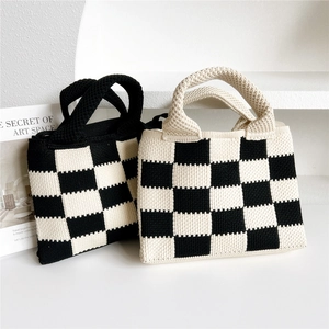 Sac À Main Tricoté À Damier Femme Crochet Coréen Sac Bandoulière Fourre-Tout Niche Décontracté Épaule Fermoir Magnétique
