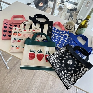 Knitted Tote Bag Women Magnetic Snap Shoulder Crossbody Handbag Patterned Paisley Heart Strawberry Print Woven Casual