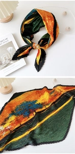 Detailed pleated texture of oil painting landscape printed silk scarf for women styling