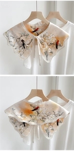 Detail of silk-texture decorative collar with traditional Chinese bird and flower print