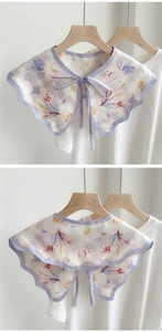 Close-up of vintage floral shawl collar with purple scalloped edges and ribbon tie