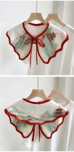 Detail of Chinese landscape print shawl collar with red piping and bow tie closure