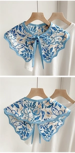 Close-up of vintage floral print collar scarf with double-layered ruffle edge and tie