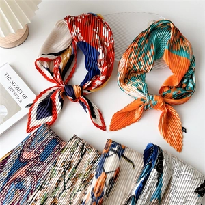 Women Small Square Scarf Plissé Pleated Polyester Floral Geometric Print French Retro Neck Tie Hair Band Decorative