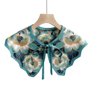 Retro floral decorative silk shawl collar with blue lotus prints and neck ties