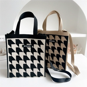Houndstooth Knitted Tote Bag For Women Casual Magnetic Buckle Handbag Versatile Shoulder Crossbody Bag