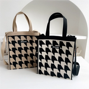 Houndstooth knit tote bag with magnetic clasp and wide shoulder strap for women