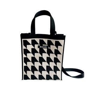 Houndstooth knit tote bag with magnetic clasp, black and white crossbody handbag for women
