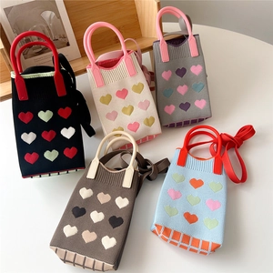Mini knit cat theme handbags in five colors with heart patterns and round handles