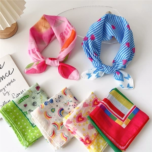 Set of 6 colorful cotton-linen square scarves with floral and geometric patterns for women