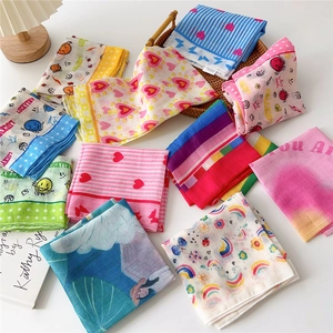 Colorful floral cotton linen square scarves with heart and stripe patterns