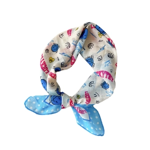Chic cotton linen square scarf with floral graffiti and blue polka dot borders