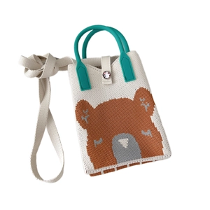 Cartoon bear knit crossbody bag with turquoise handle and strap on white background