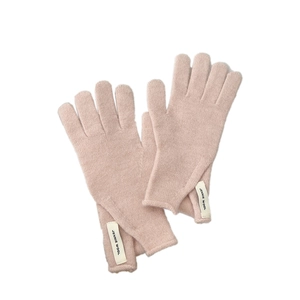 Pink knit wool gloves for winter featuring a minimalist Jennie Wool label design