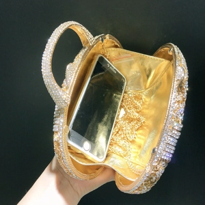 Golden rhinestone dinner clutch bag with sparkling crystals and metal chain strap