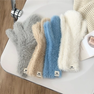 Plush winter mittens for women in gray, camel, blue and beige soft faux fur styles